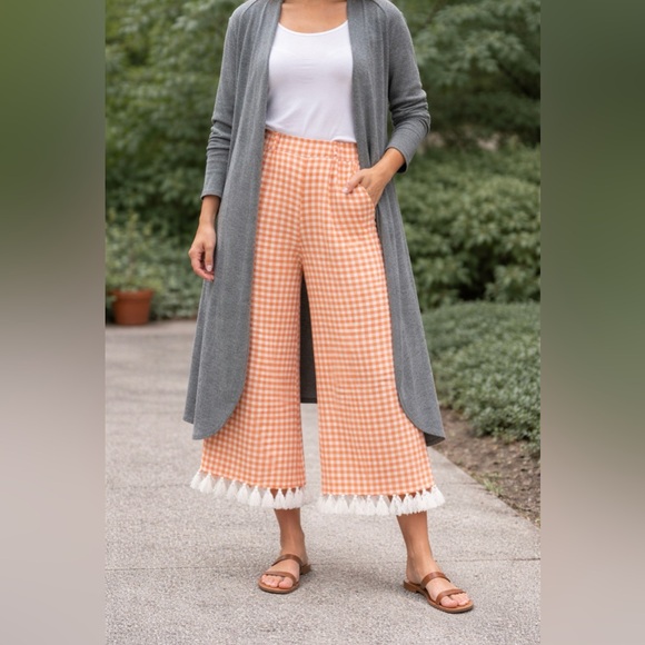 Adrienne Orange Gingham Wide-Leg Pants with Tassels - Picture 3 of 10